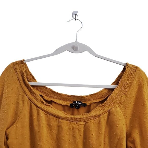 Lulus Blouse Small Off The Shoulder‎ Mustard Yellow Sunny Story Bell Sleeve Top - Picture 2 of 11